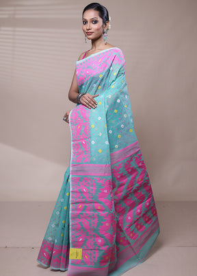 Blue Tant Jamdani Saree Without Blouse Piece