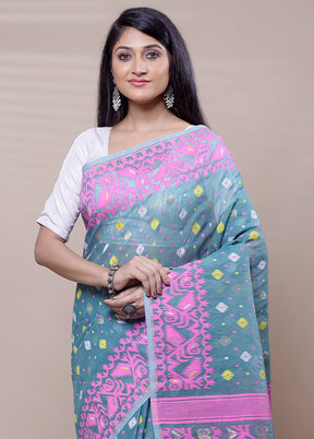 Blue Tant Jamdani Saree Without Blouse Piece