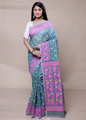 Blue Tant Jamdani Saree Without Blouse Piece