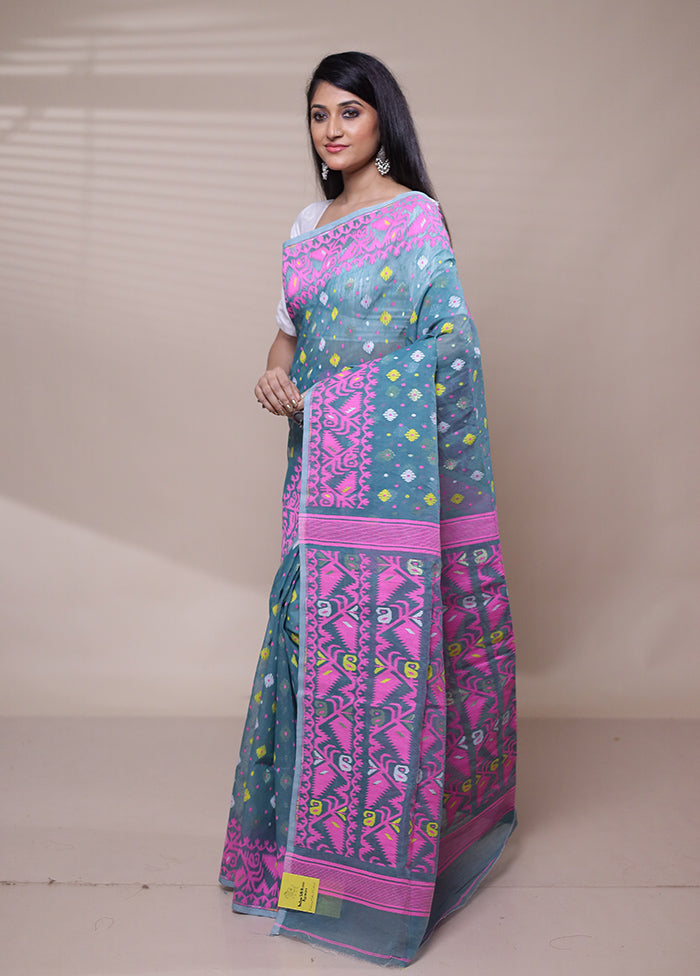 Blue Tant Jamdani Saree Without Blouse Piece