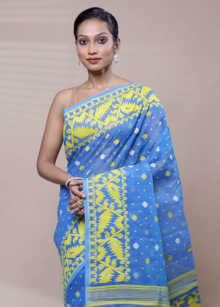 Blue Tant Jamdani Saree Without Blouse Piece