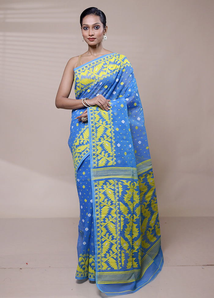 Blue Tant Jamdani Saree Without Blouse Piece