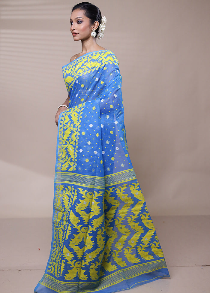 Blue Tant Jamdani Saree Without Blouse Piece