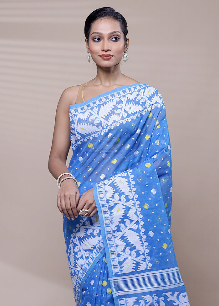 Blue Tant Jamdani Saree Without Blouse Piece