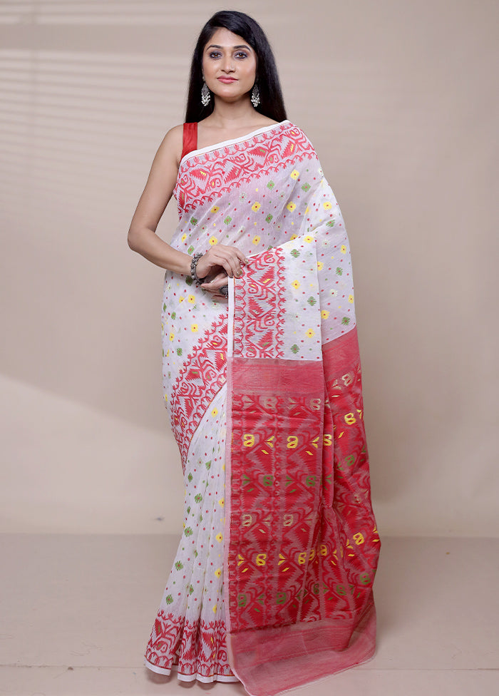 White Tant Jamdani Saree Without Blouse Piece