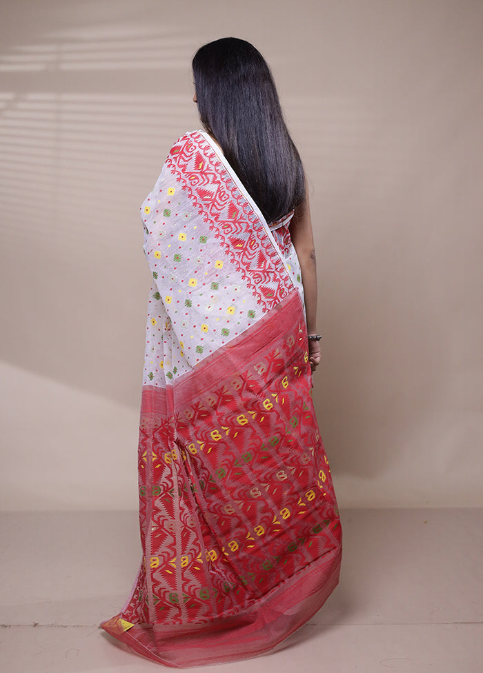 White Tant Jamdani Saree Without Blouse Piece