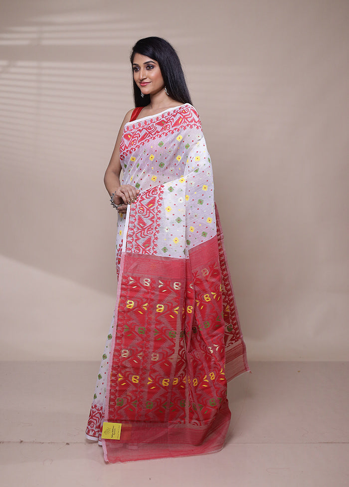 White Tant Jamdani Saree Without Blouse Piece