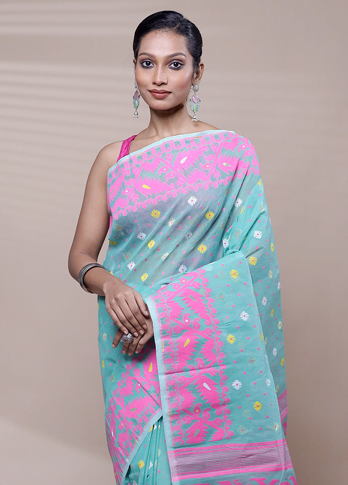 Blue Tant Jamdani Saree Without Blouse Piece