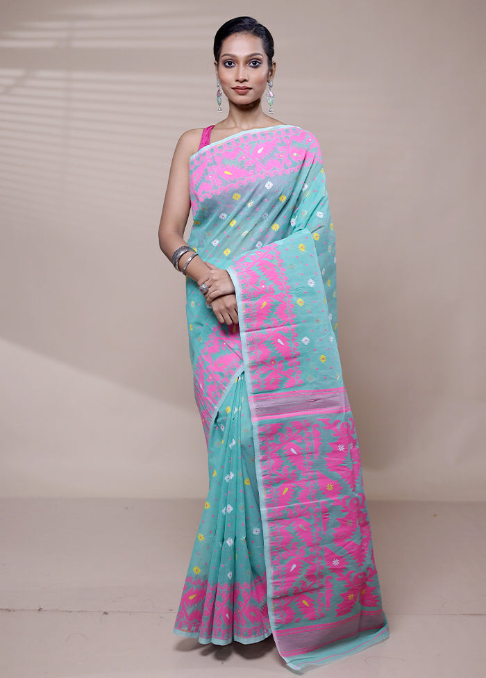 Blue Tant Jamdani Saree Without Blouse Piece