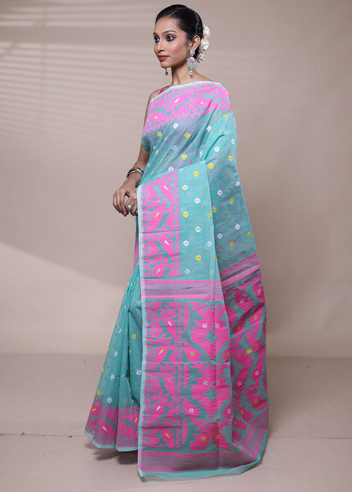 Blue Tant Jamdani Saree Without Blouse Piece