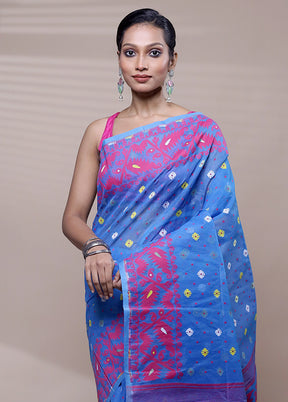 Blue Tant Jamdani Saree Without Blouse Piece