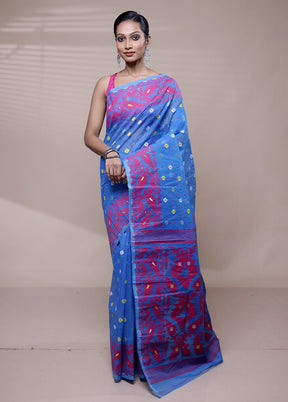 Blue Tant Jamdani Saree Without Blouse Piece