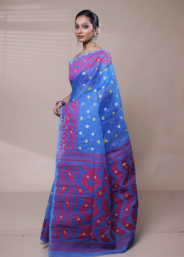 Blue Tant Jamdani Saree Without Blouse Piece