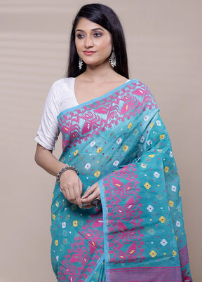 Blue Tant Jamdani Saree Without Blouse Piece