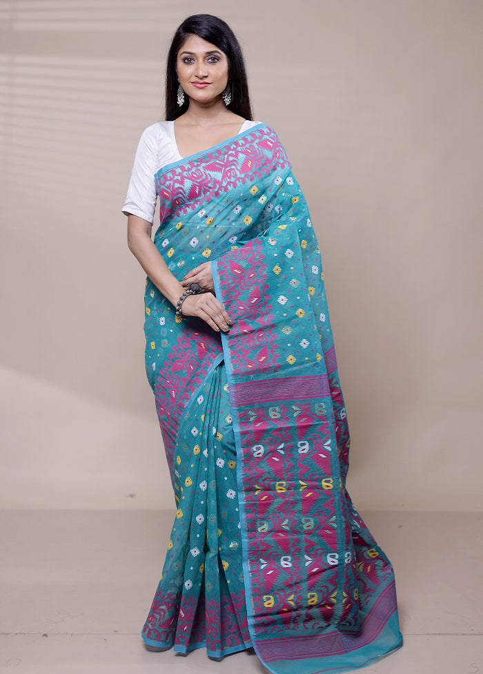 Blue Tant Jamdani Saree Without Blouse Piece