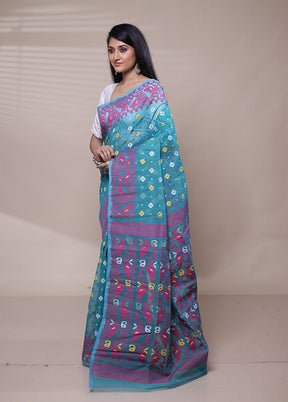 Blue Tant Jamdani Saree Without Blouse Piece