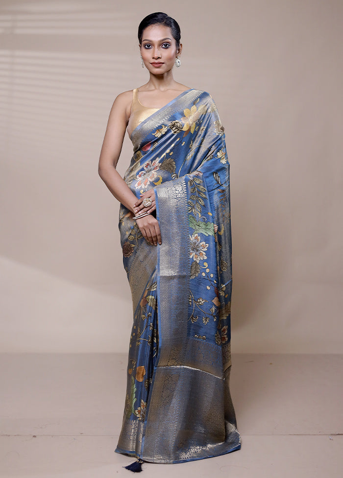 Blue Tissue Silk Saree With Blouse Piece