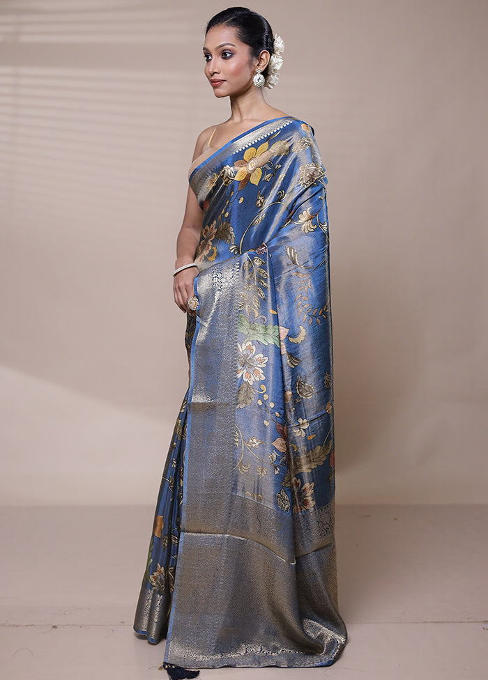 Blue Tissue Silk Saree With Blouse Piece