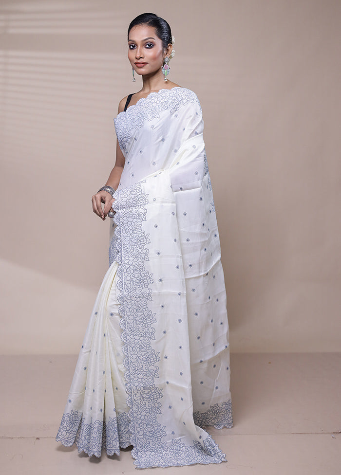 White Tussar Silk Saree With Blouse Piece