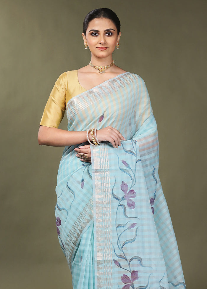 Blue Cotton Saree With Blouse Piece