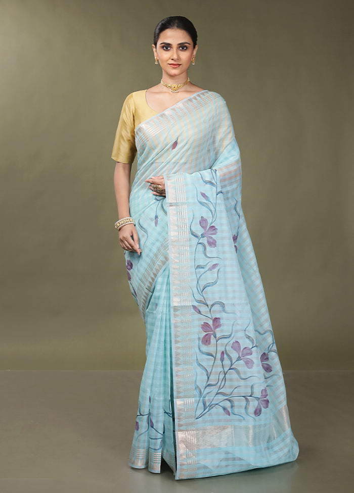 Blue Cotton Saree With Blouse Piece
