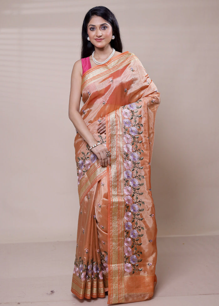 Orange Tissue Silk Saree With Blouse Piece