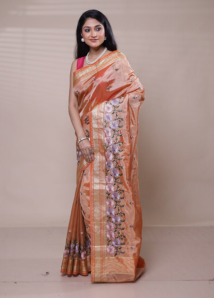 Orange Tissue Silk Saree With Blouse Piece