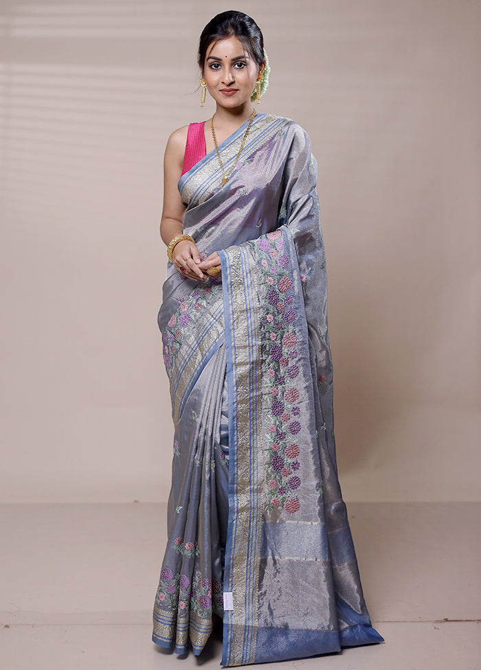 Blue Tissue Silk Saree With Blouse Piece