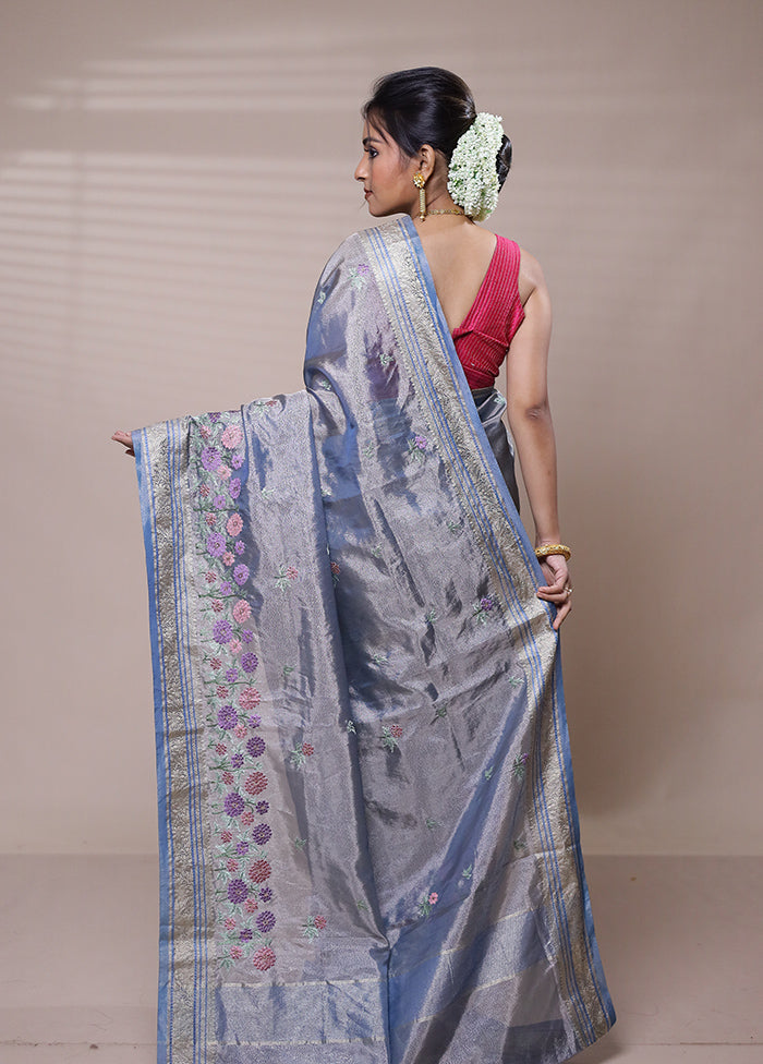 Blue Tissue Silk Saree With Blouse Piece