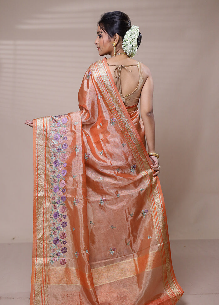 Peach Tissue Silk Saree With Blouse Piece