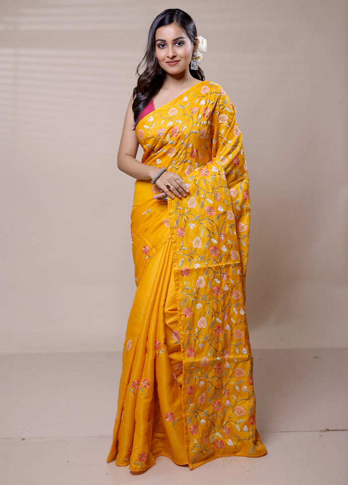 Yellow Tussar Silk Saree With Blouse Piece