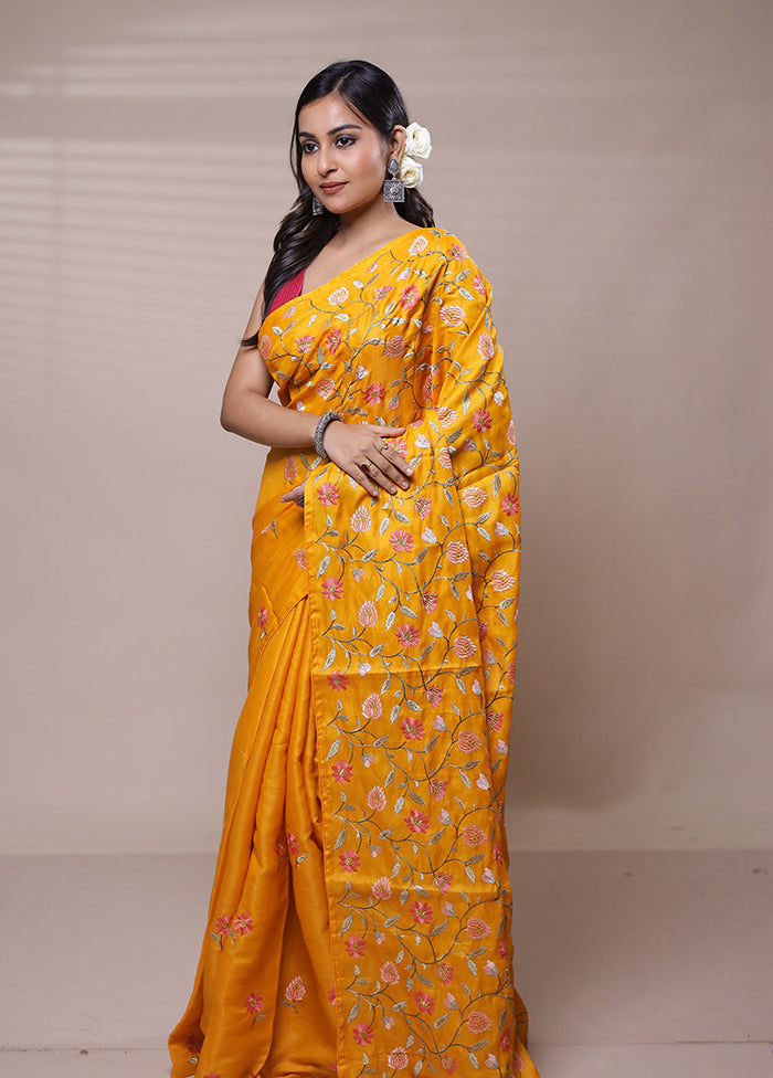 Yellow Tussar Silk Saree With Blouse Piece