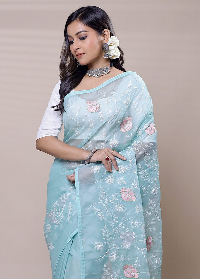 Blue Organza Saree With Blouse Piece