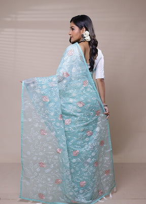 Blue Organza Saree With Blouse Piece