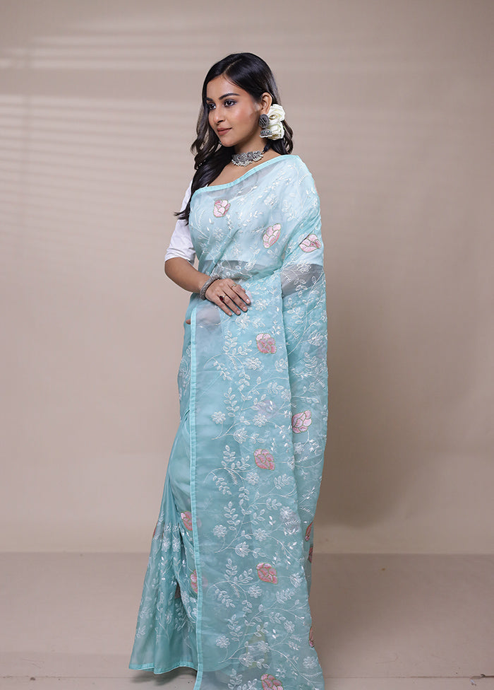 Blue Organza Saree With Blouse Piece