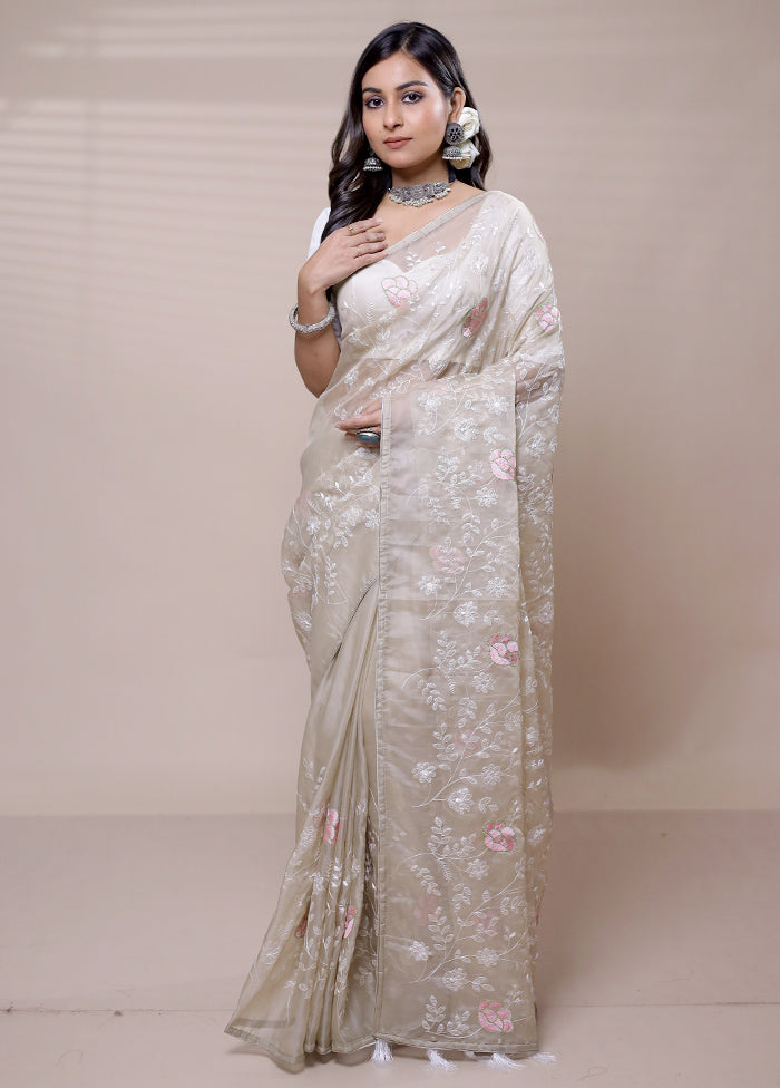 Beige Organza Saree With Blouse Piece