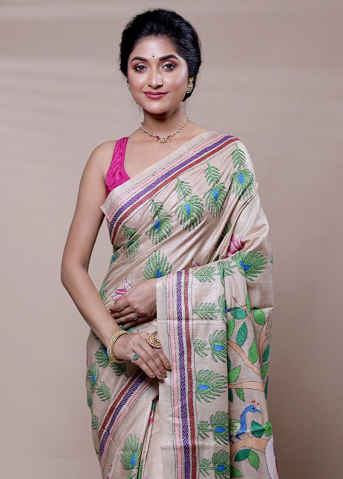 Cream Handloom Kantha Stitch Pure Silk Saree With Blouse Piece