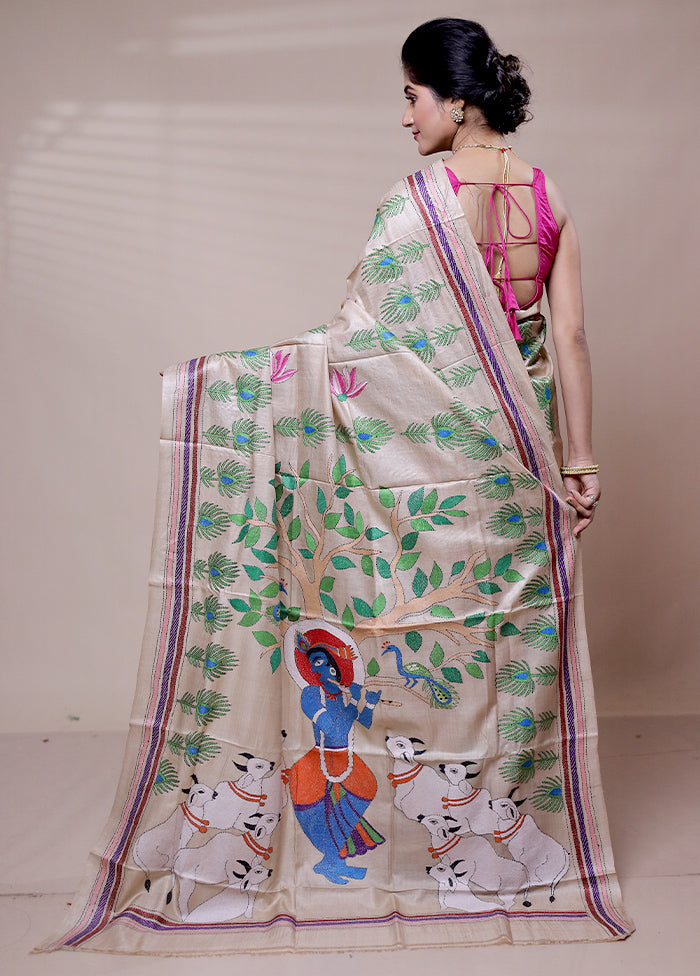 Cream Handloom Kantha Stitch Pure Silk Saree With Blouse Piece