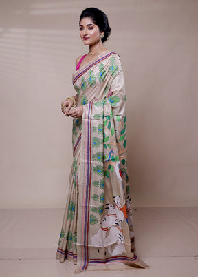 Cream Handloom Kantha Stitch Pure Silk Saree With Blouse Piece