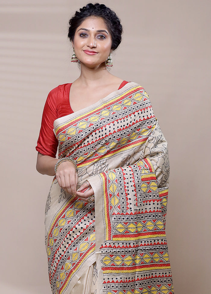 Cream Handloom Kantha Stitch Pure Silk Saree With Blouse Piece