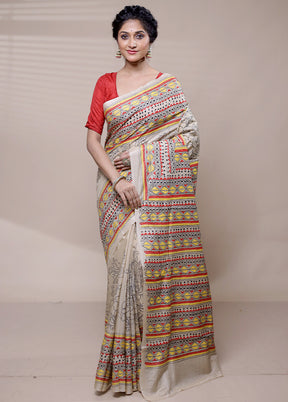 Cream Handloom Kantha Stitch Pure Silk Saree With Blouse Piece