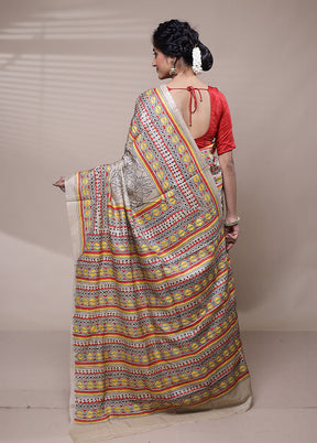 Cream Handloom Kantha Stitch Pure Silk Saree With Blouse Piece