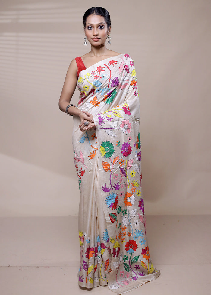 Cream Handloom Kantha Stitch Pure Silk Saree With Blouse Piece