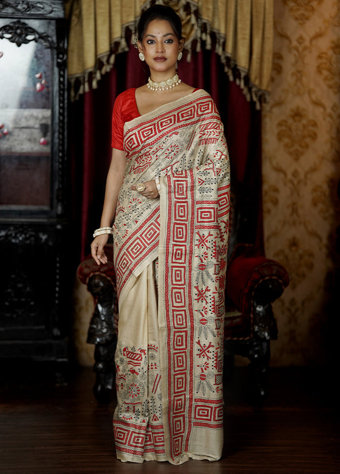 Cream Handloom Kantha Stitch Pure Silk Saree With Blouse Piece