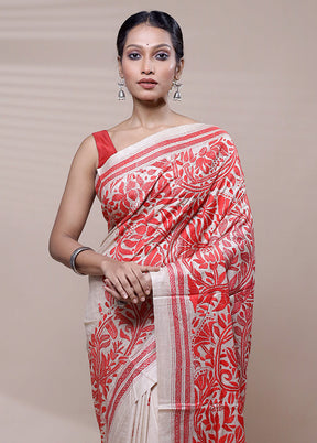 Cream Handloom Kantha Stitch Pure Silk Saree With Blouse Piece