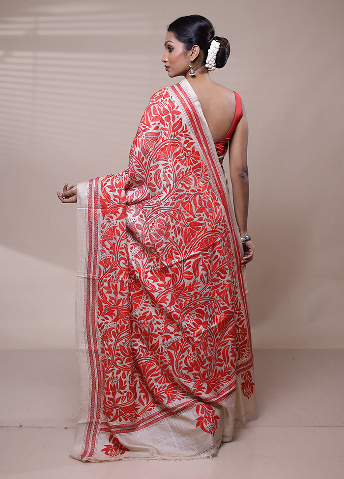 Cream Handloom Kantha Stitch Pure Silk Saree With Blouse Piece