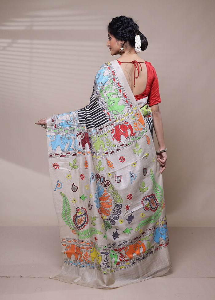 Cream Handloom Kantha Stitch Pure Silk Saree With Blouse Piece