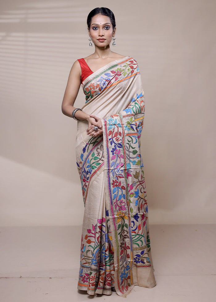 Cream Handloom Kantha Stitch Pure Silk Saree With Blouse Piece