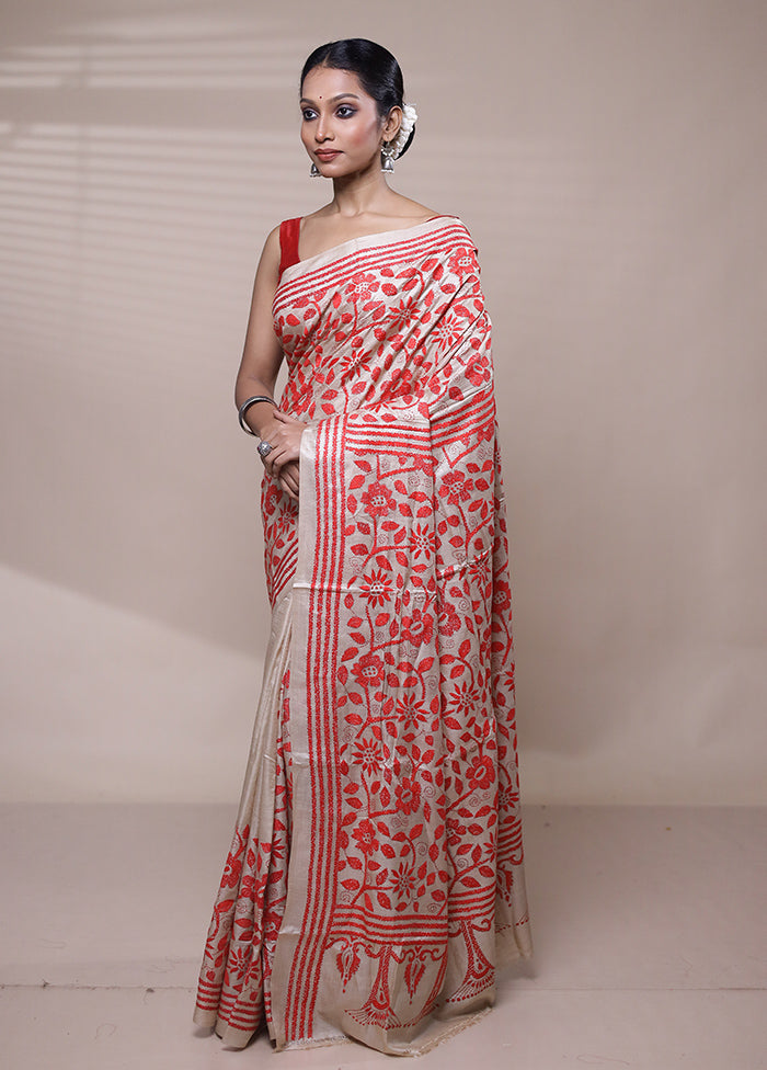 Cream Handloom Kantha Stitch Pure Silk Saree With Blouse Piece