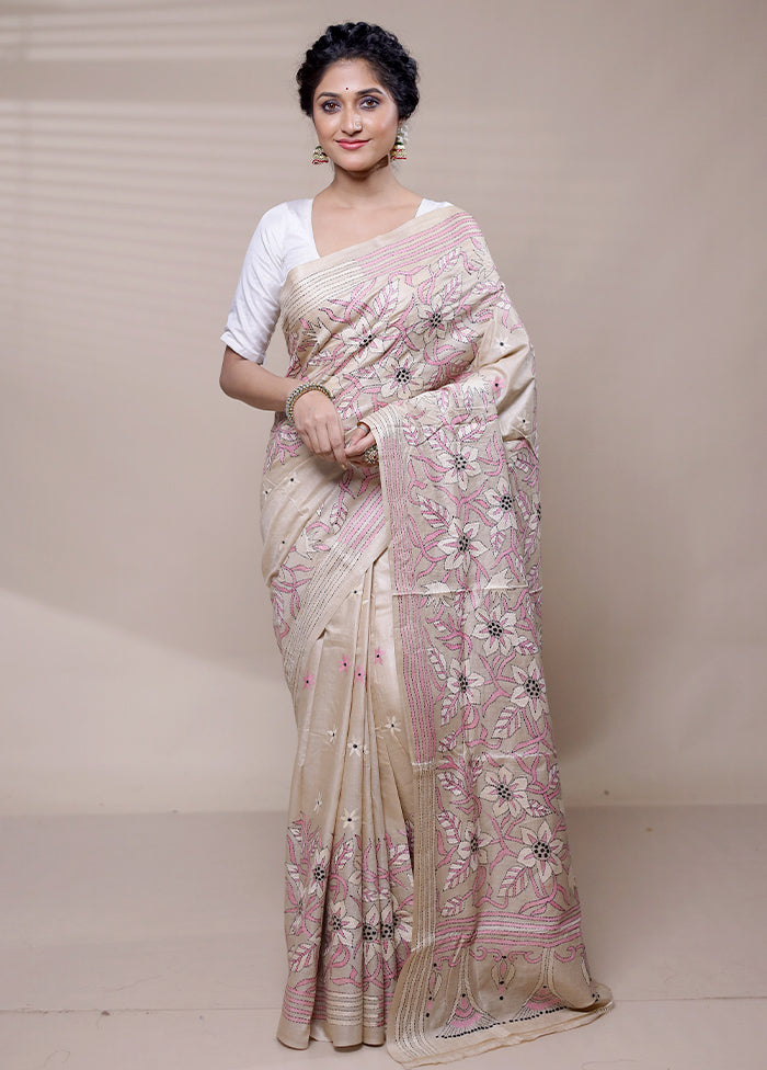 Cream Handloom Kantha Stitch Pure Silk Saree With Blouse Piece